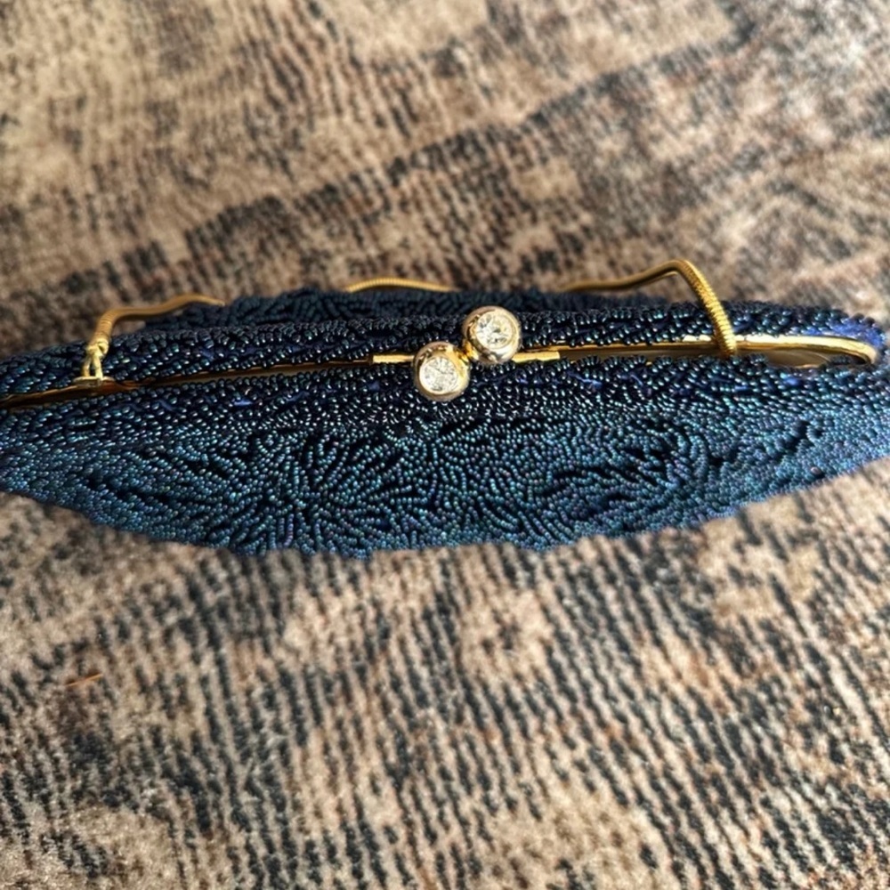 Vintage Blue beaded Floral design Gold chain Clutch Purse - Picture 5 of 12